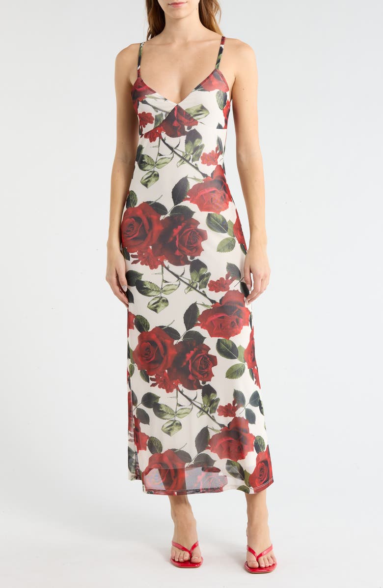Madden Girl Floral Mesh Maxi Slipdress, Main, color, Cream/Red