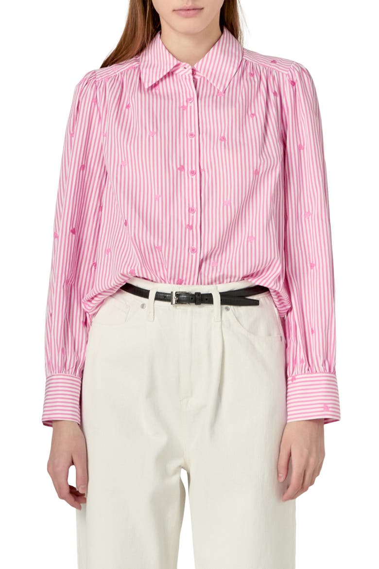 Heart Embroidery Stripe Cotton Button-Up Shirt, Main, color, PINK/ WHITE