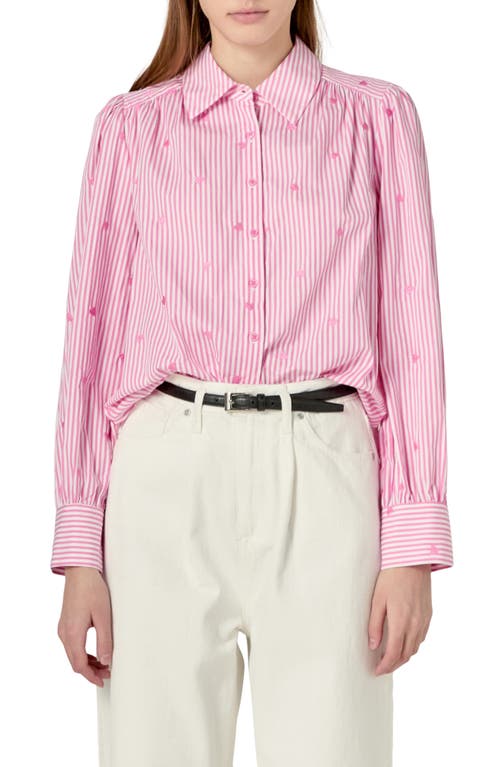 English Factory Heart Embroidery Stripe Cotton Button-up Shirt In Pink/white