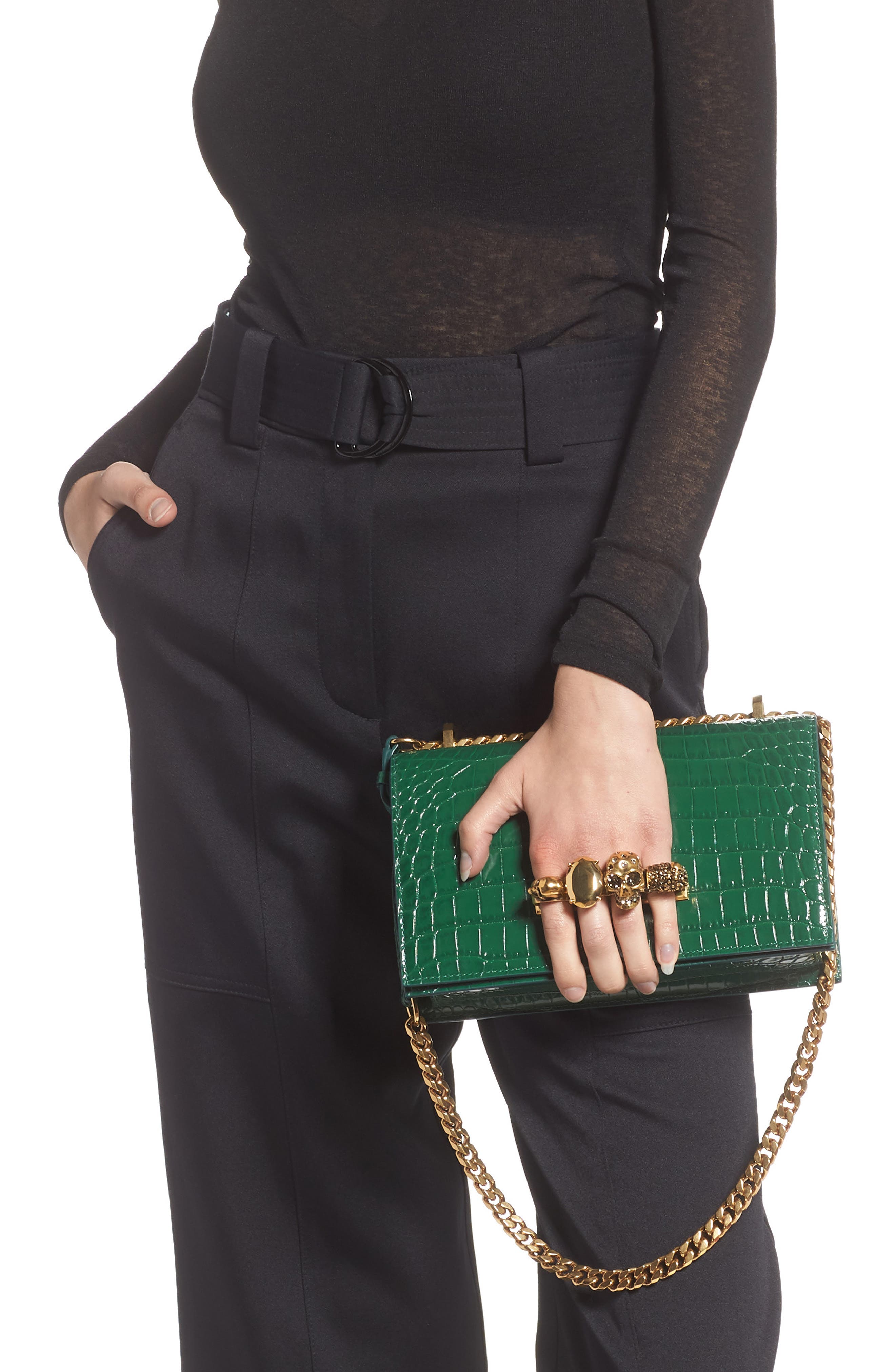 McQueen Alexander McQueen Knuckle Ring Croc Embossed Leather Crossbody Bag, Alternate, color, 