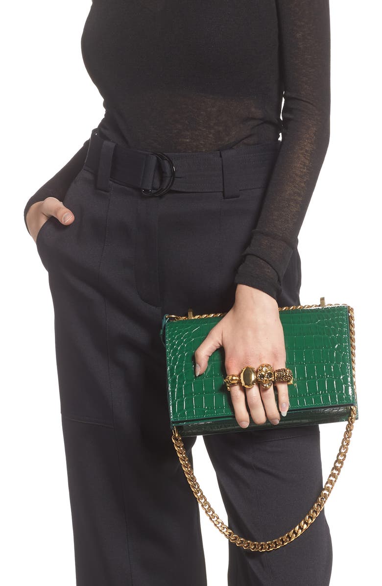 McQueen Alexander McQueen Knuckle Ring Croc Embossed Leather Crossbody Bag, Alternate, color,