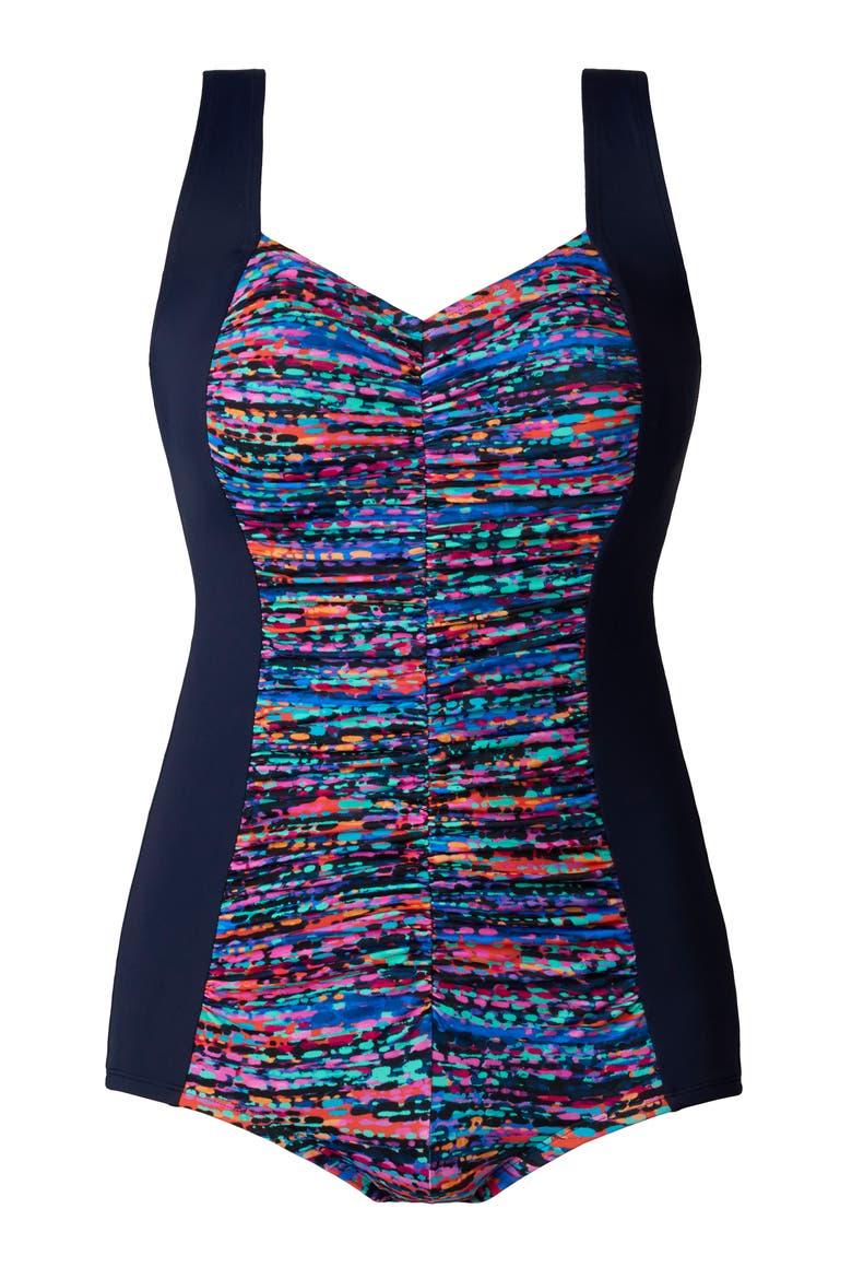 Shirred Front Princess Seam Girl Leg One-Piece Swimsuit, Alternate, color, Pool Party