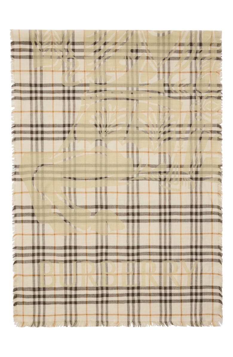 Burberry Wide EKD Check Wool & Silk Fringe Scarf, Alternate, color, Pebble White