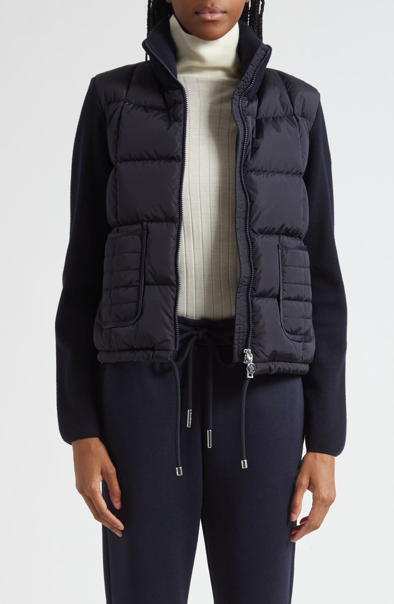 Moncler Virgin Wool Knit & Down Cardigan, Main, color, Navy