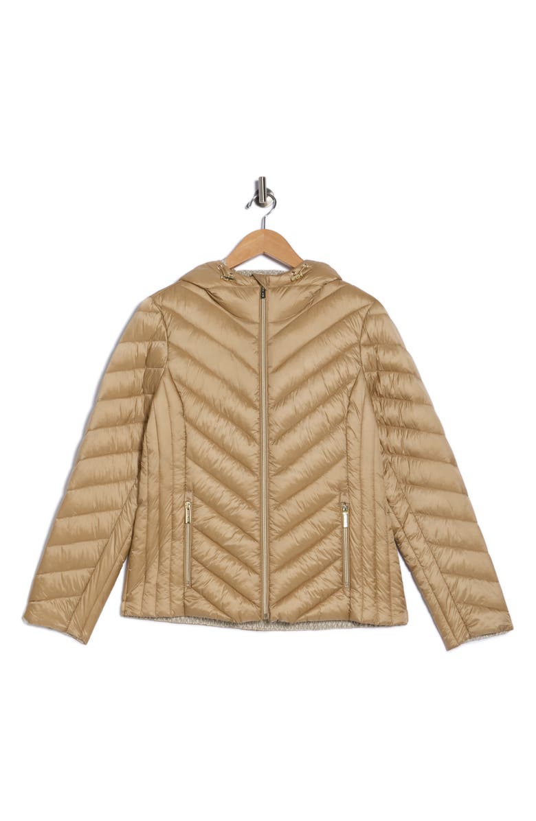 Michael Kors Hooded Packable Chevron Quilted Jacket, Alternate, color, Khaki