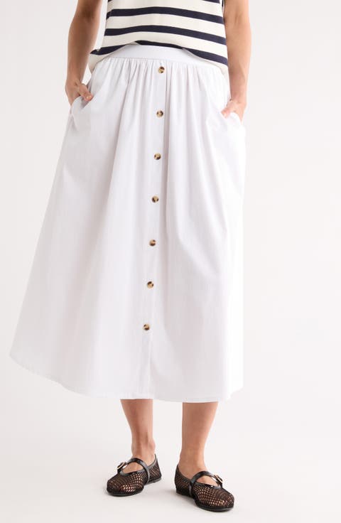 Button Front Poplin Midi Skirt