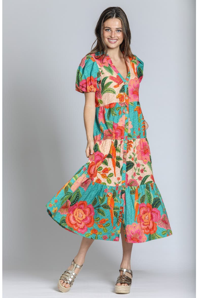 Mix Print Tiered Dress, Alternate, color, TURQUOISE MULTI