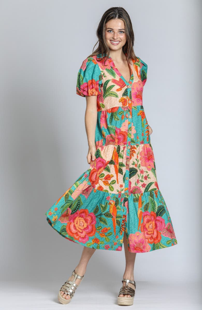 APNY Mix Print Tiered Dress, Alternate, color, Turquoise Multi