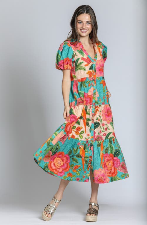 Apny Mixed Print Long Tiered Dress In Turquoise Multi In Turquoise Multi