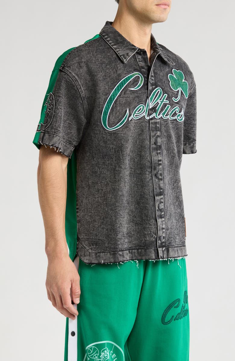 PURPLE BRAND Boston Celtics Mixed Media Short Sleeve Snap-Up Graphic Shirt, Alternate, color,