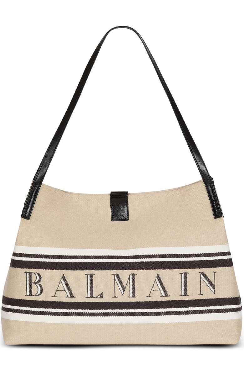 Balmain Medium Release Shopper bag in canvas and calfskin, Main, color, Beige