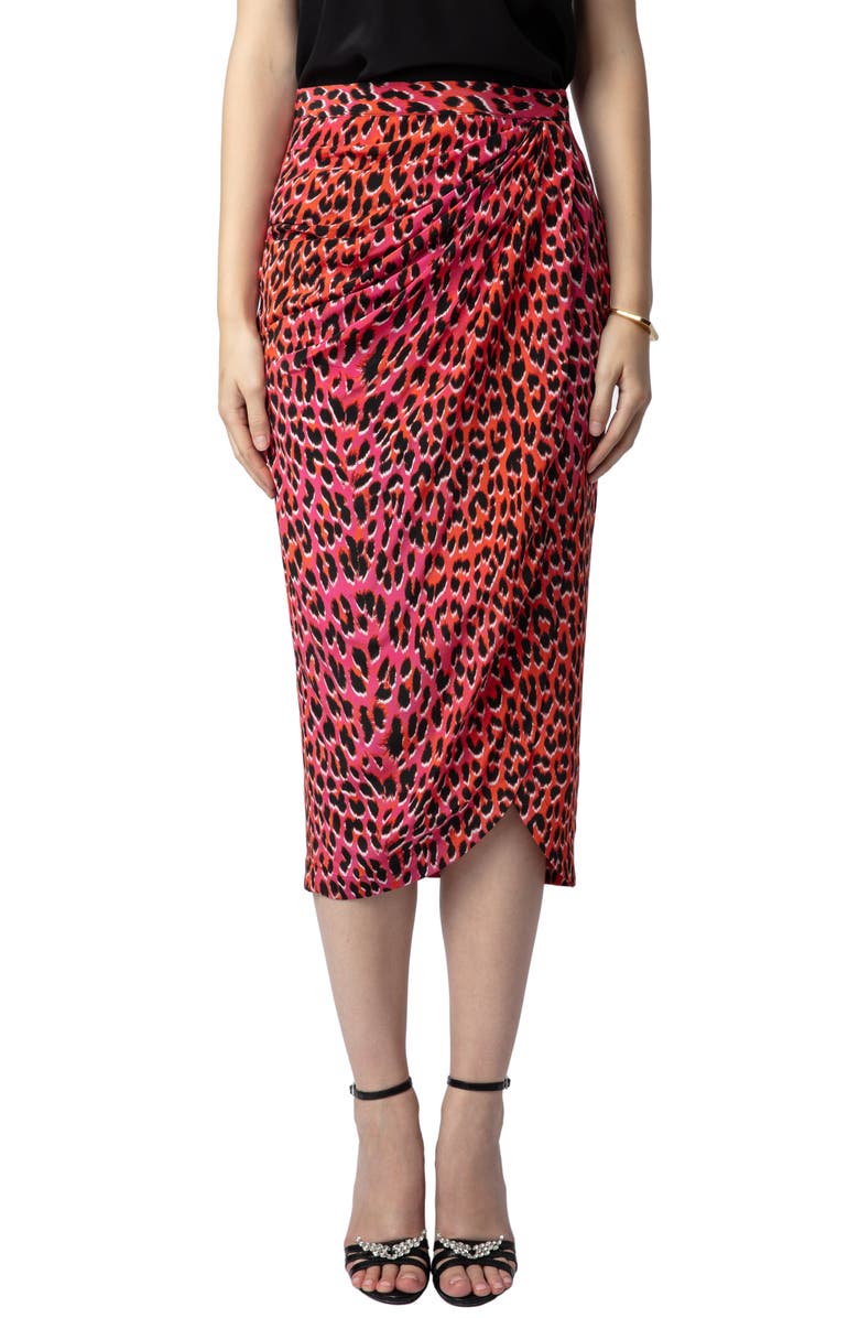 Zadig & Voltaire Jamelia Leopard Spot Silk Faux Wrap Midi Skirt, Main, color, 