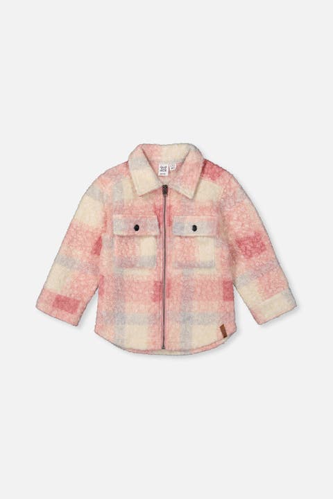 Zipped Plaid Fleece Chest Pockets Overshirt
