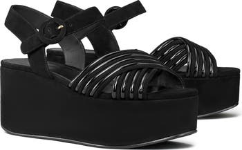 Tory Burch Black Leather 2024 Crisscross Strap Platform Buckle Sandal Heels Size 8