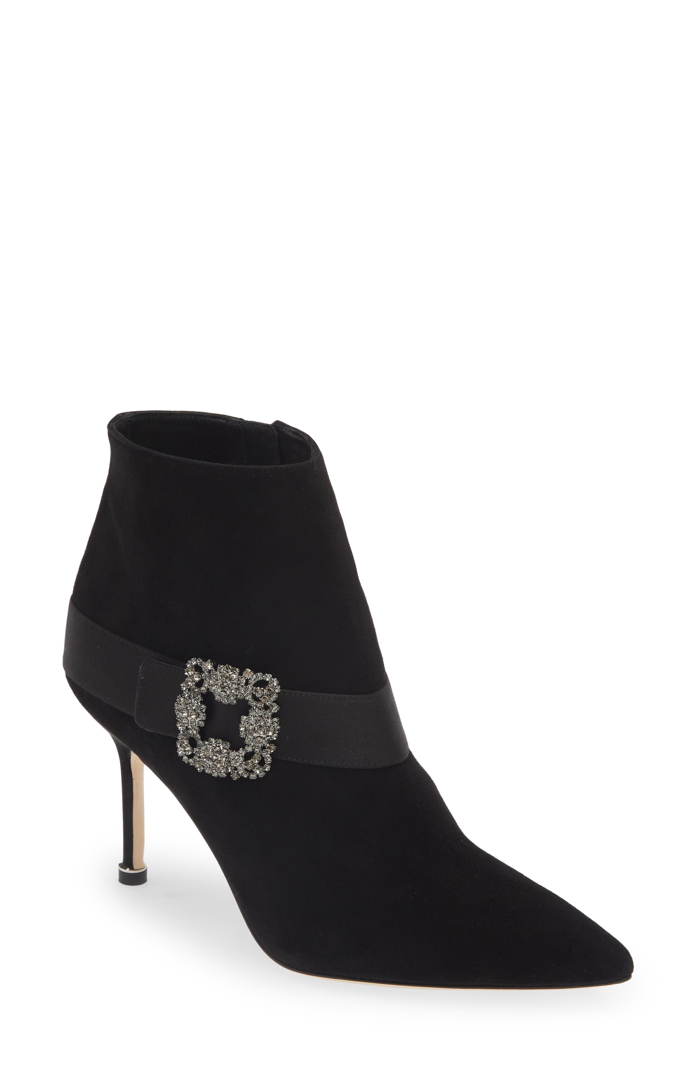 Manolo Blahnik Plinianu Crystal Buckle Pointed Toe Bootie, Main, color, 