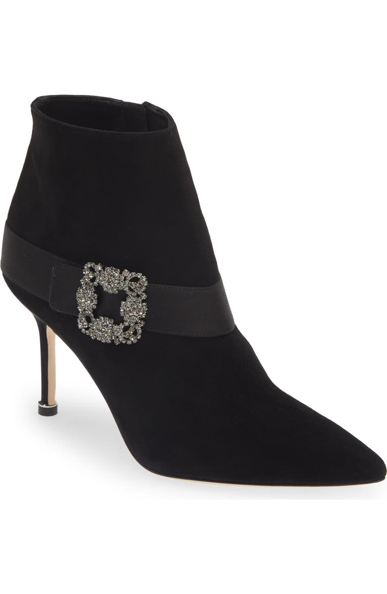Manolo Blahnik Plinianu Crystal Buckle Pointed Toe Bootie, Main, color,
