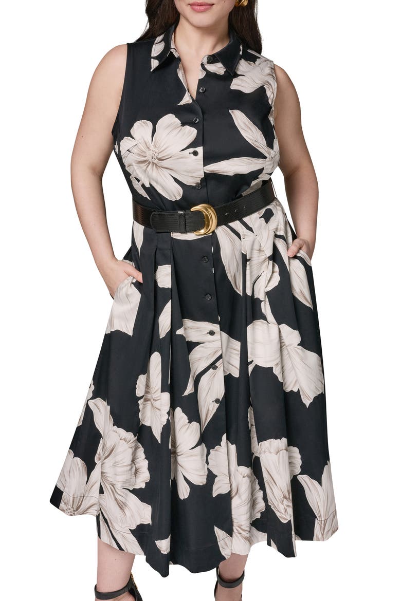 Floral Sleeveless Stretch Cotton Shirtdress, Alternate, color, BLACK MULTI