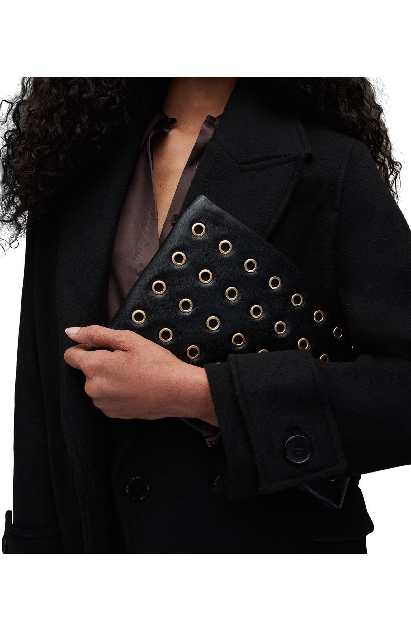 Bettina Eyelet Leather Clutch, Alternate, color, BLACK