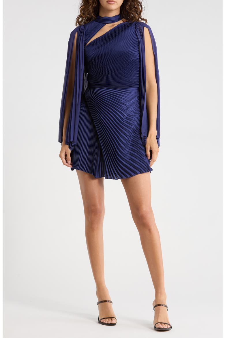 Aurelie Cape Sleeve Pleated Fit & Flare Minidress, Main, color, MIDNIGHT BLUE