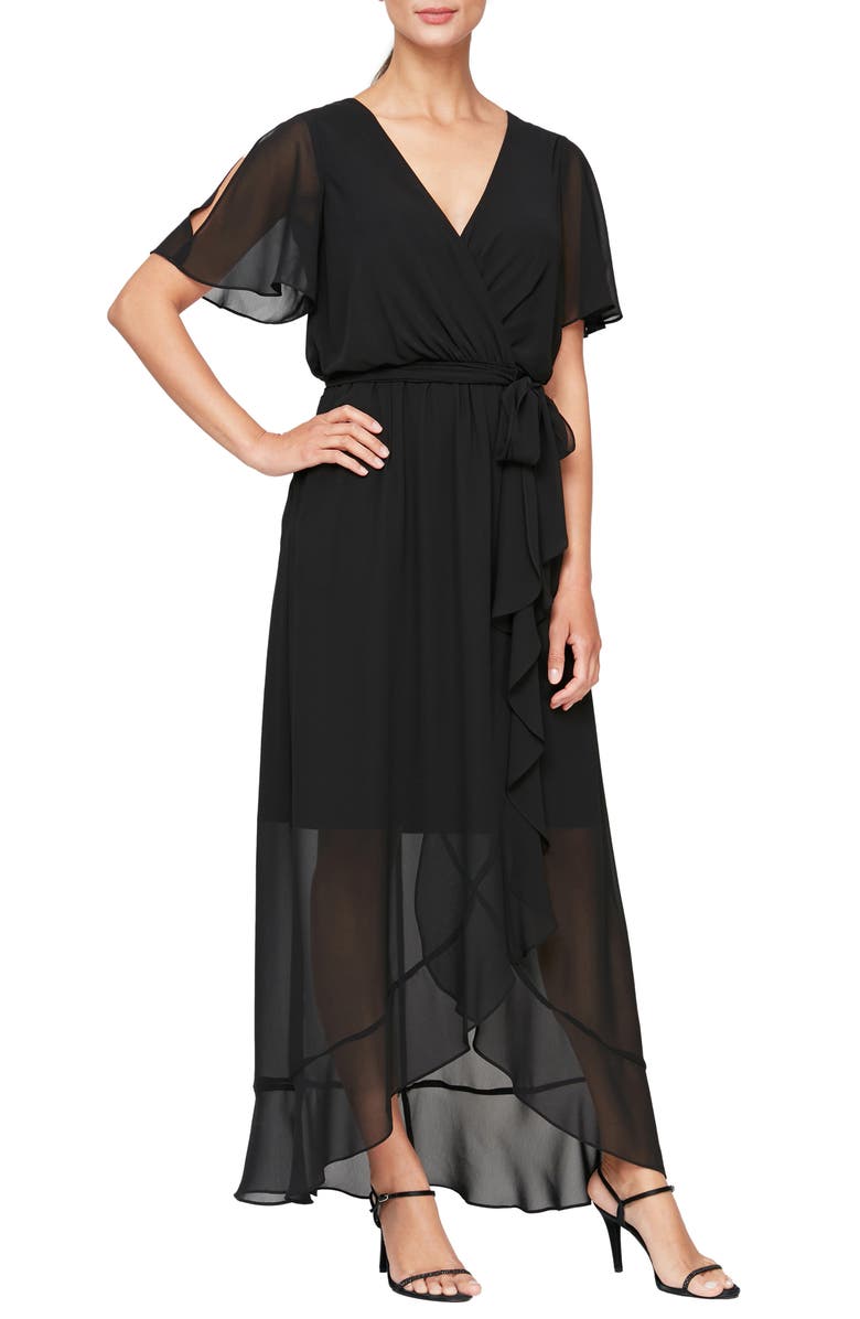 SL FASHIONS Flutter Sleeve Maxi Wrap Dress, Main, color,