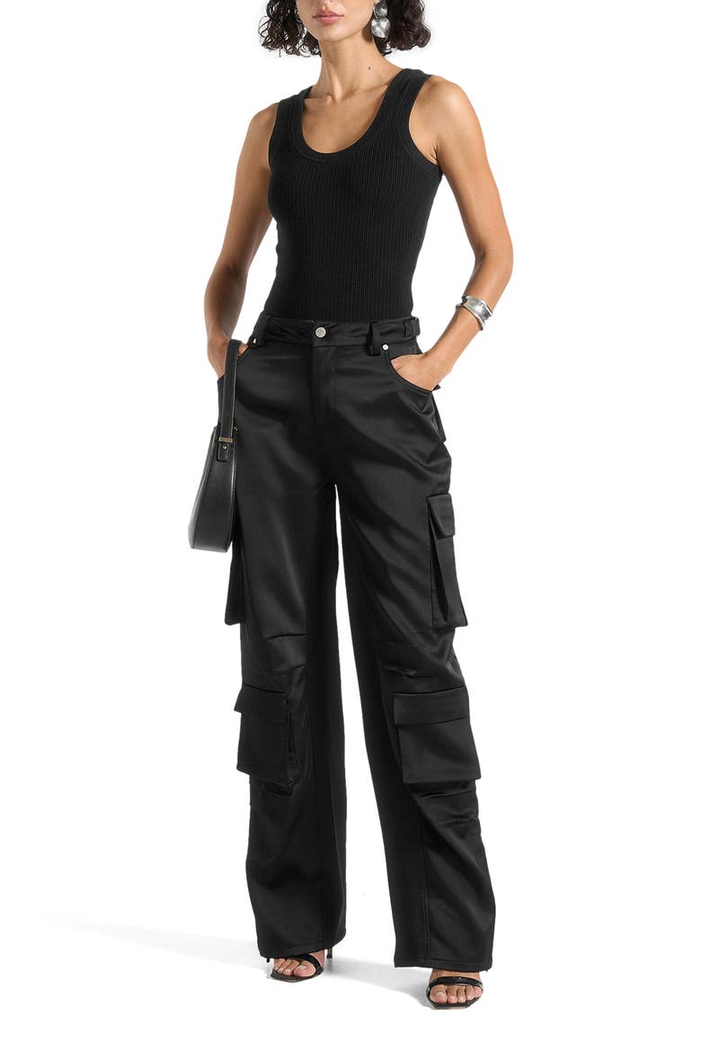 Emilie Satin High Waisted Cargo Pants, Alternate, color, Black