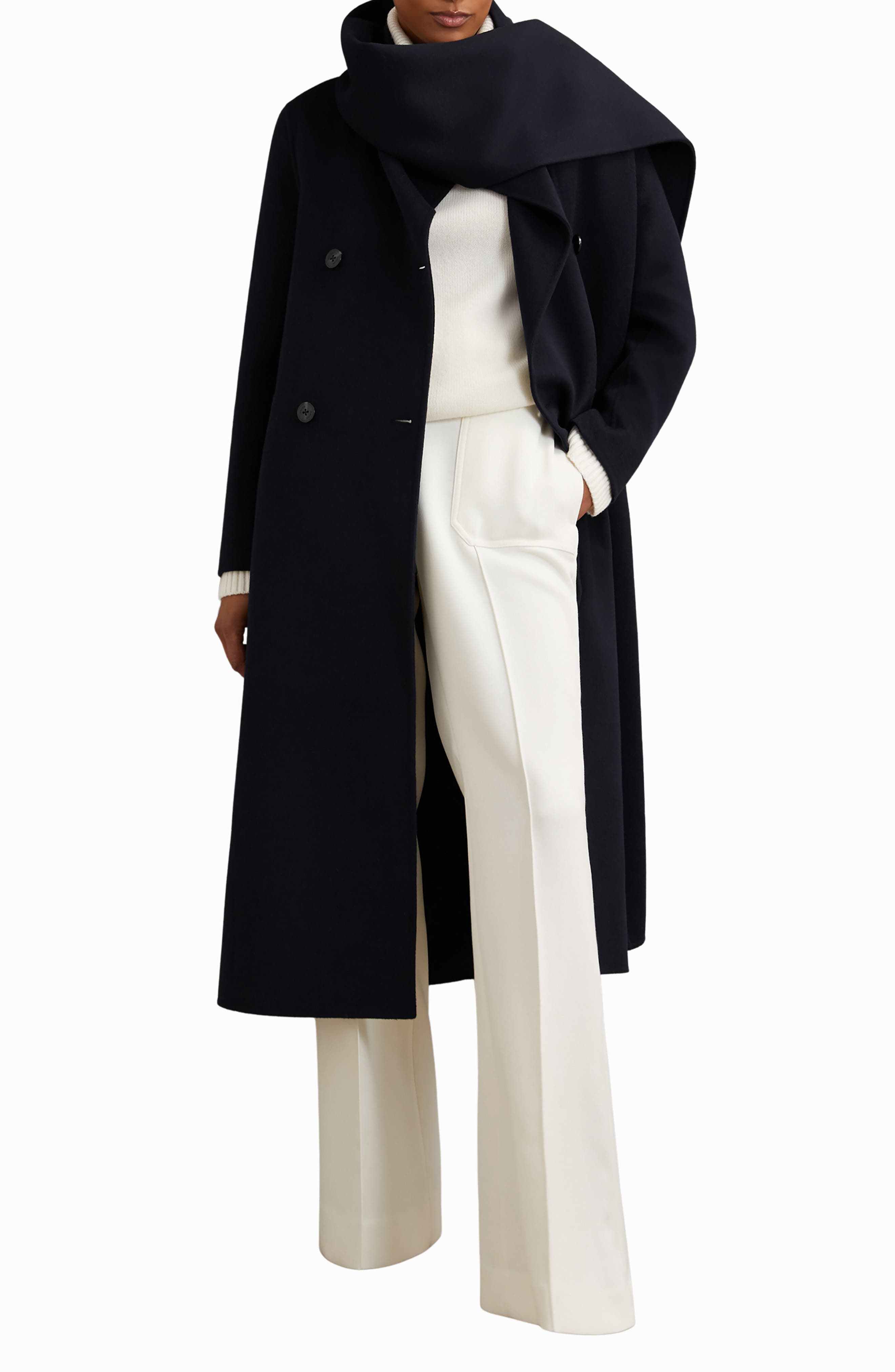 Indira Double Breasted Wool Blend Coat with Scarf