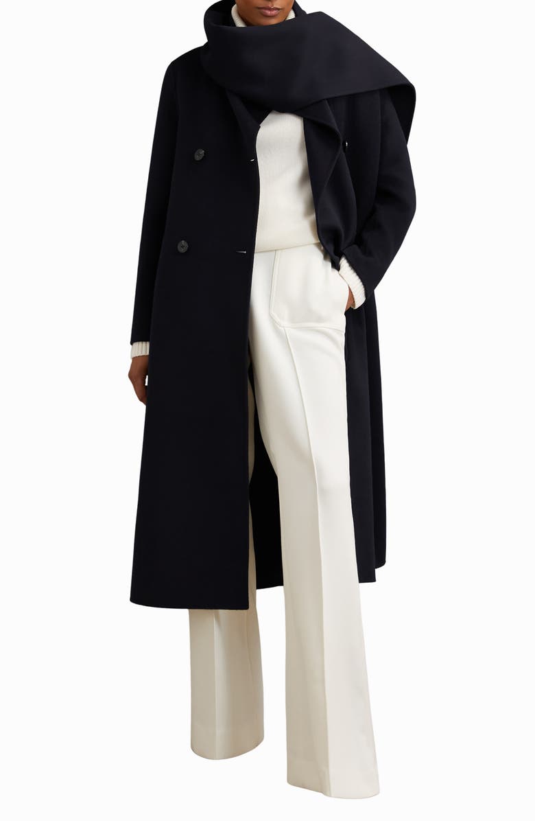 Reiss Indira Double Breasted Wool Blend Coat with Scarf, Main, color, Navy