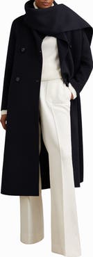 Reiss Indira Double Breasted Wool Blend Coat with Scarf