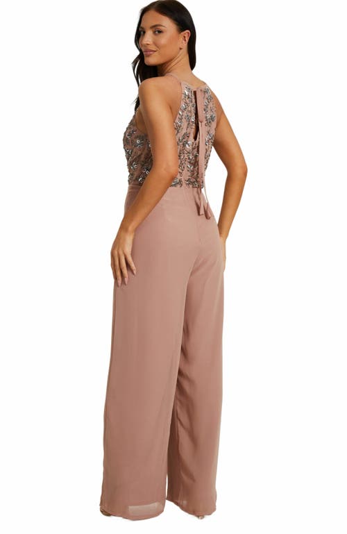 Quiz Beaded V Neck Chiffon Jumpsuit In Soft Pink