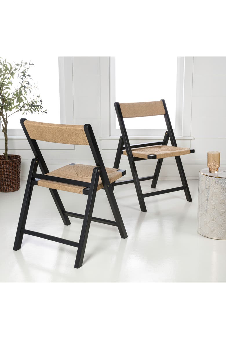 Kiawah Coastal Woven Seagrass and Wood Folding Chair, Indoor Space-Saving Armless Chair for Dining or Living Room, Alternate, color, Black
