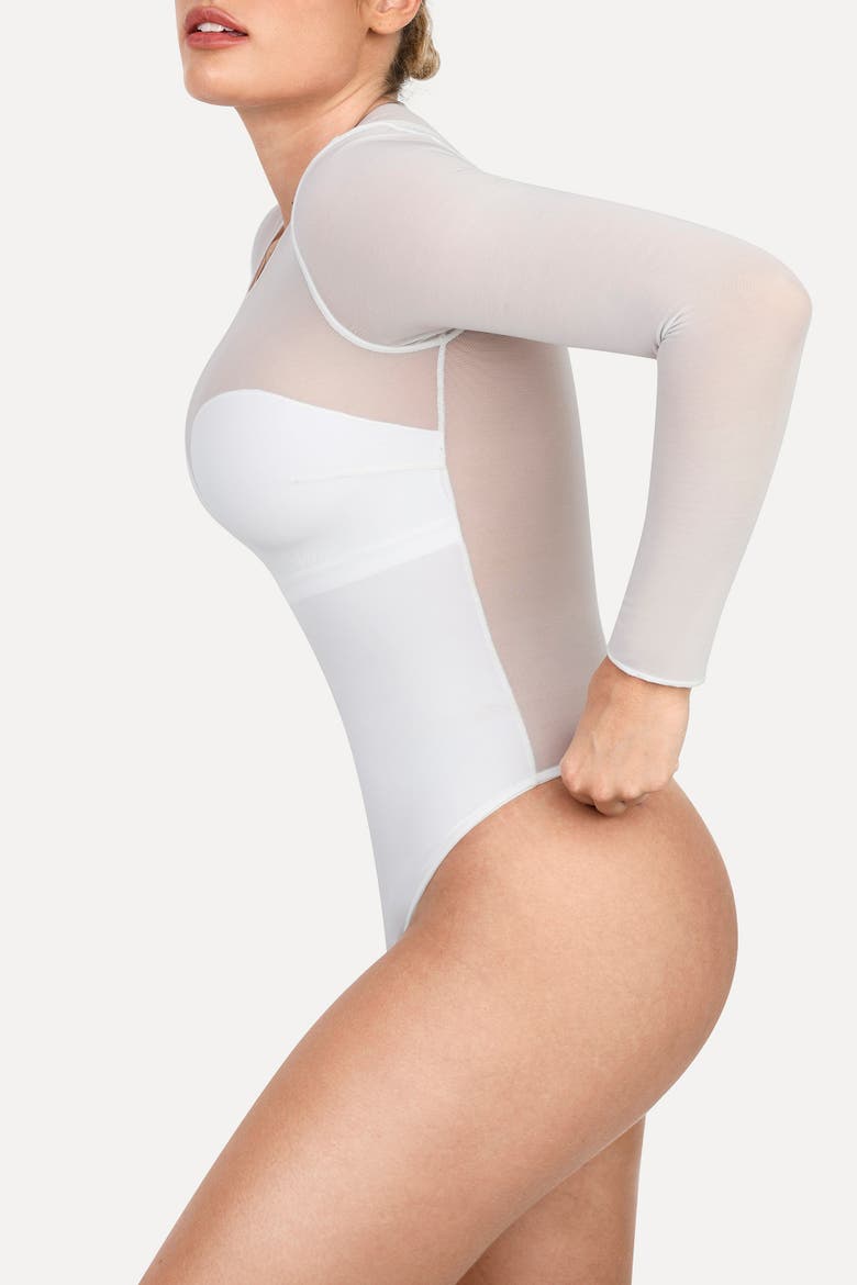 Sheer Mesh Sultry Date Night & Cocktail Long Sleeve Bodysuit, Alternate, color, Ivory