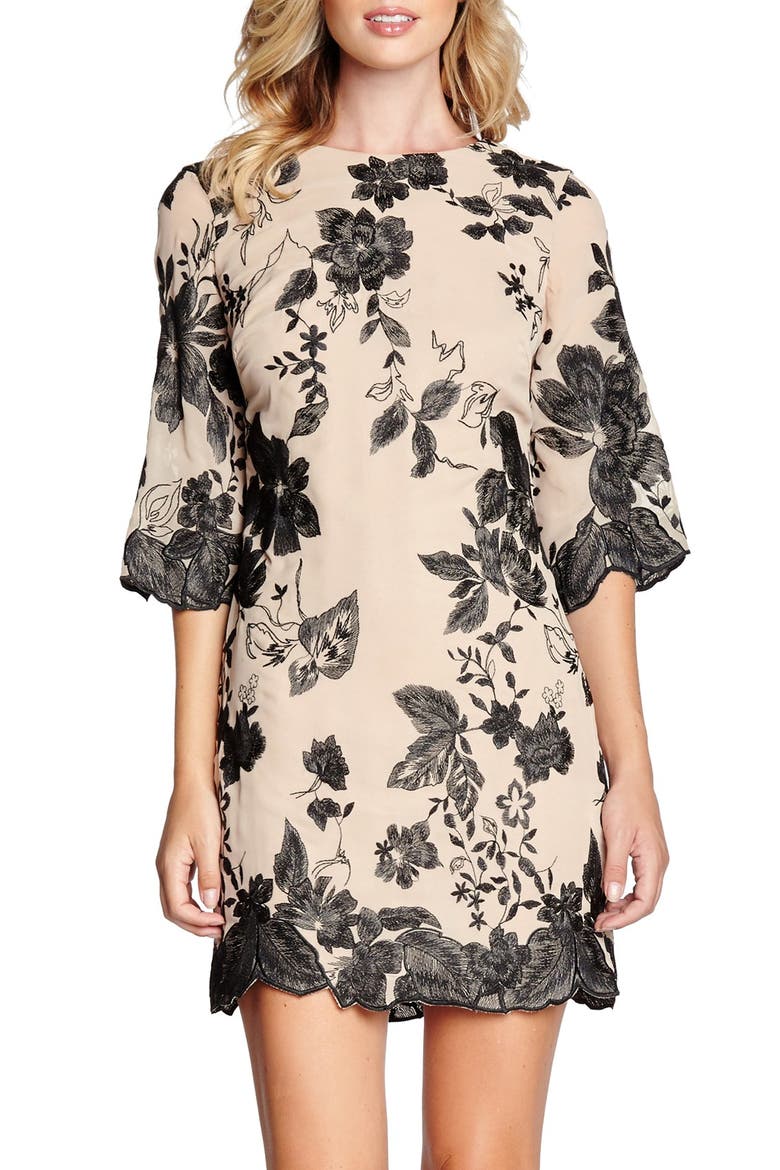 'Paige' Metallic Embroidered Chiffon Shift Dress, Main, color, BLACK/ SAND