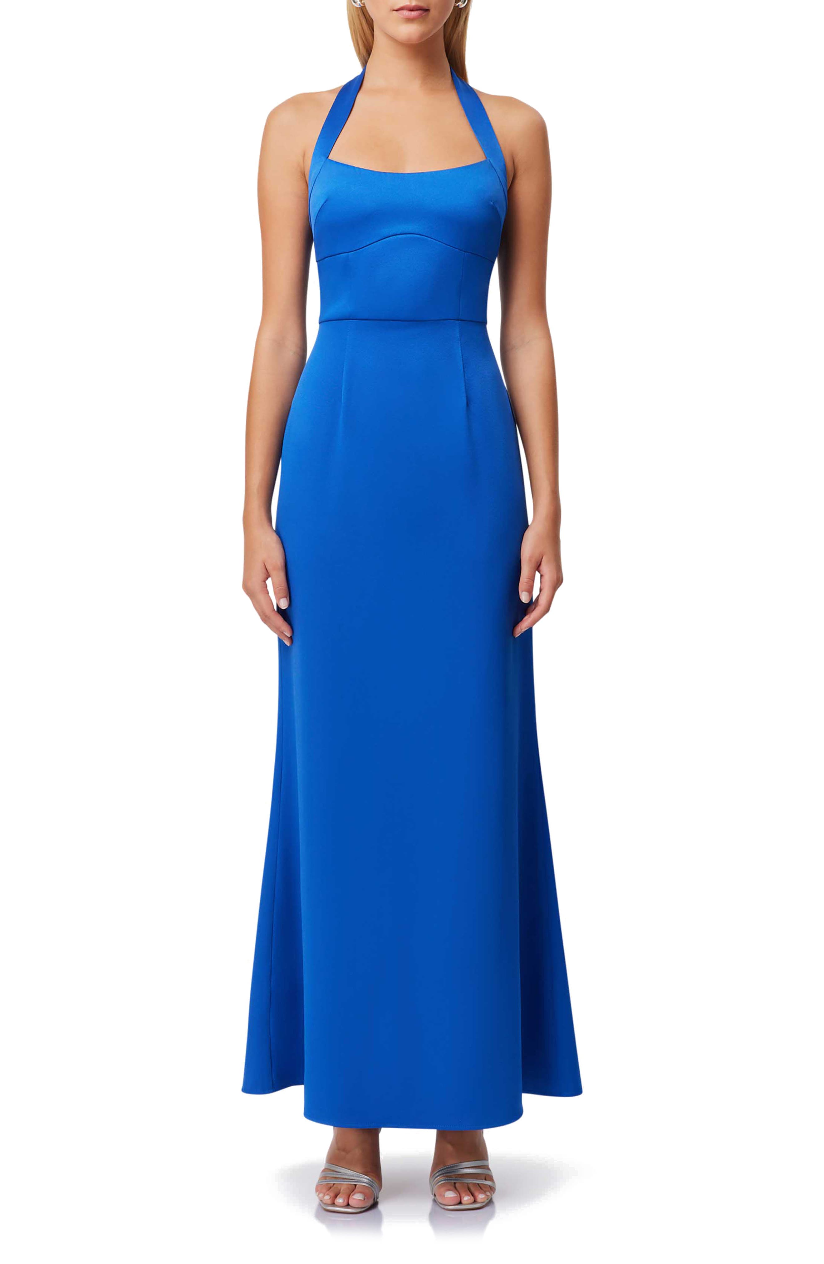 Elliatt Chiara Satin Halter Gown in Cobalt 