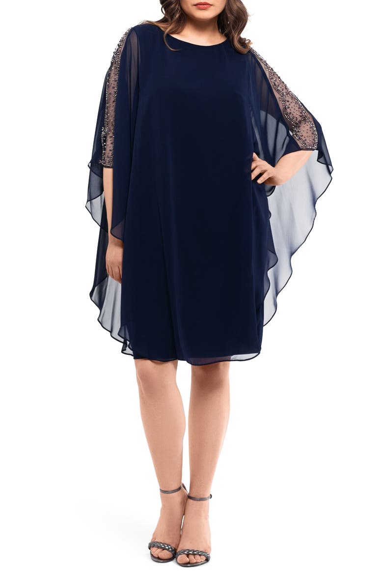 Xscape Chiffon Overlay Beaded Sleeve Cocktail Dress, Main, color, NAVY