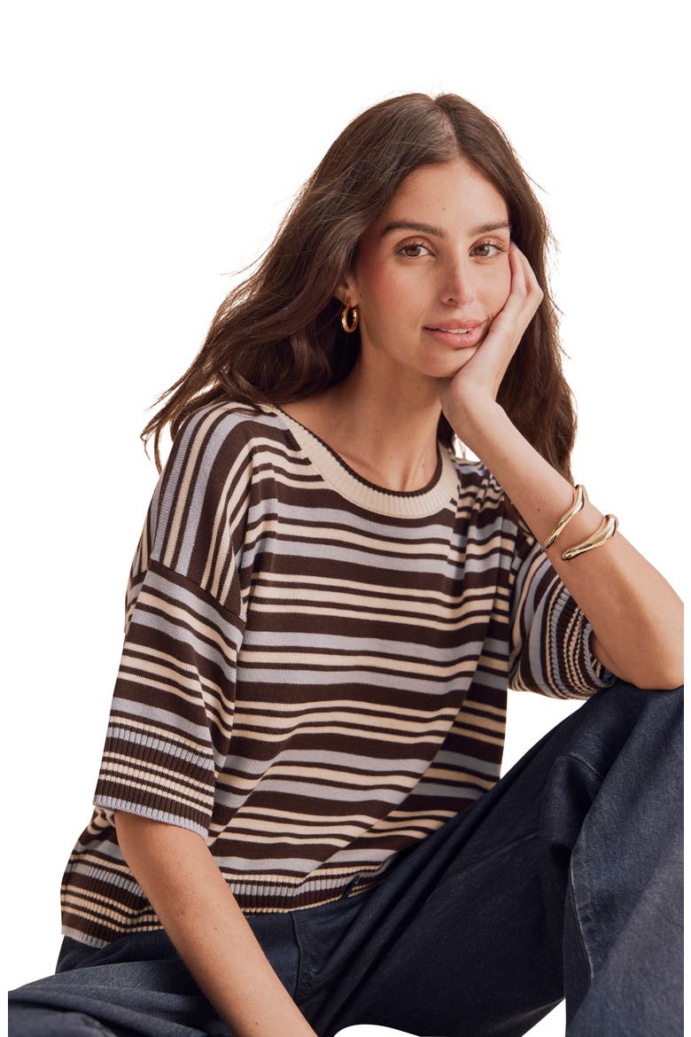 Georgie Stripe Short Sleeve Sweater, Alternate, color, BLUE MIST/ JAVA/ PALE OAK
