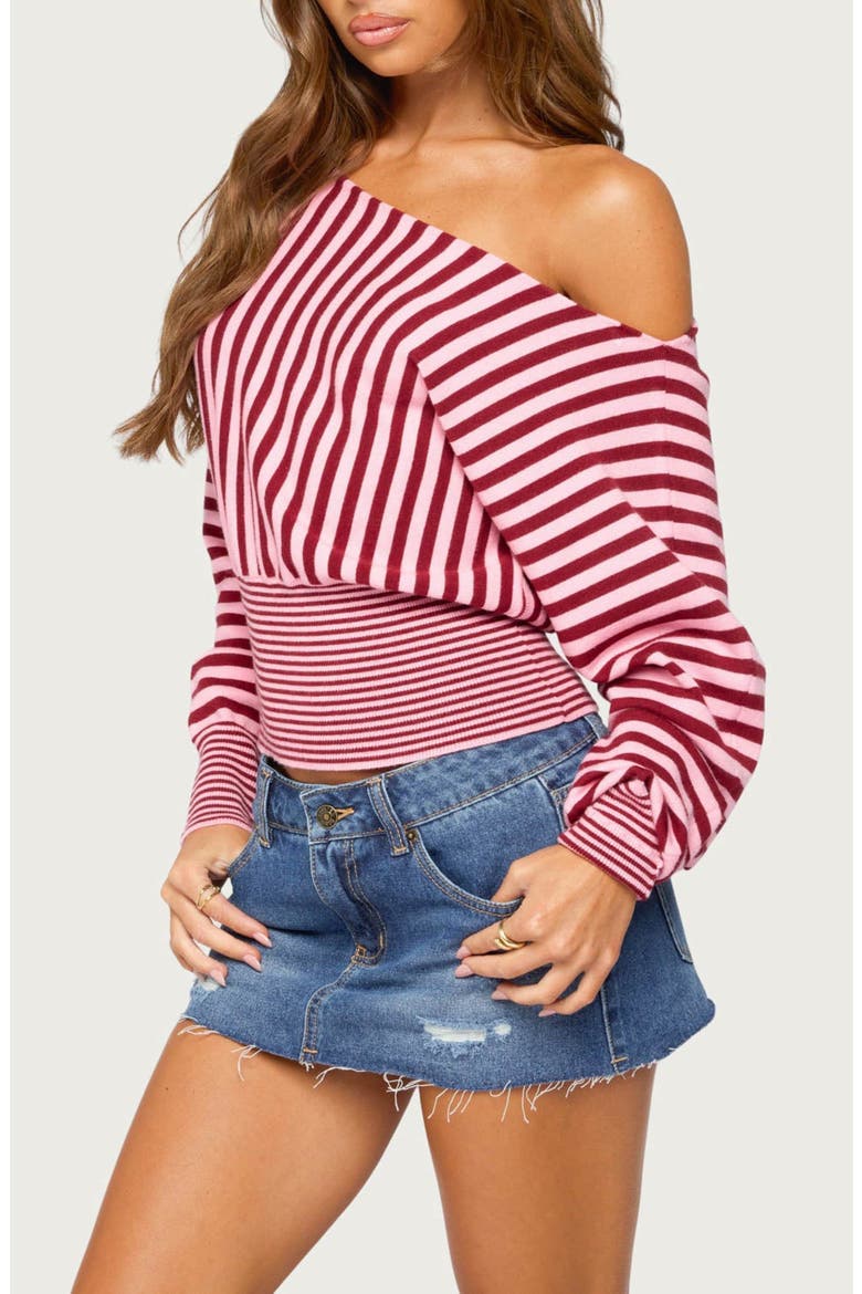 Brida Striped Off-the-Shoulder Sweater, Alternate, color, BURGUNDY-AND-PINK