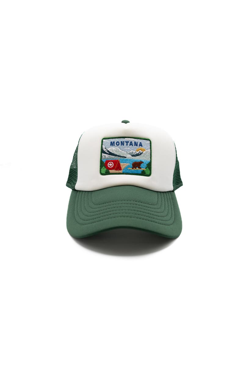 Rey To Z Montana Postcard Trucker Hat - Kids, Main, color, Dark Green & White