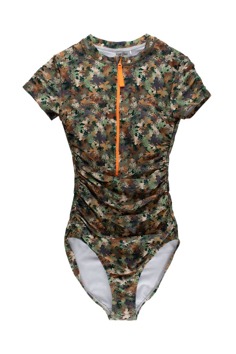 UPF50+ Sun Protected Women's Quarter Zip Short Sleeve One Piece Rash Guard Swimsuit, Main, color, Classic Camo
