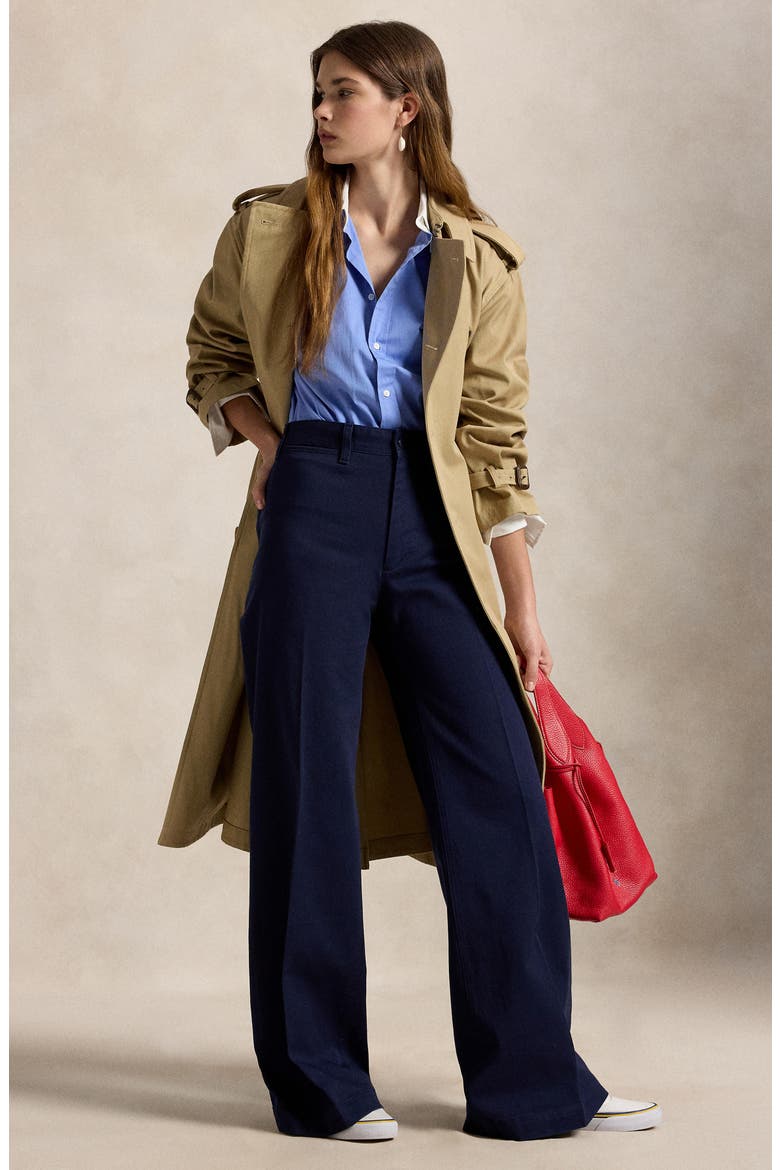 High Waist Wide Leg Stretch Cotton Twill Pants, Alternate, color, NAVY