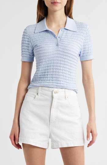 Frame The Smocked Silk Polo In Blue