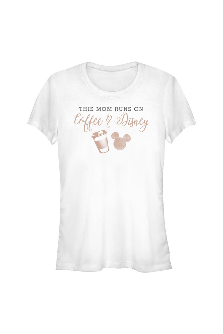 Junior's Mickey & Friends This Mom Runs On Coffee  Graphic T-Shirt, Main, color, White