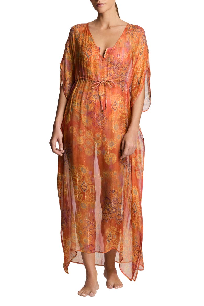 Metallic Stripe Sheer Cover-Up Caftan, Main, color, MULTI