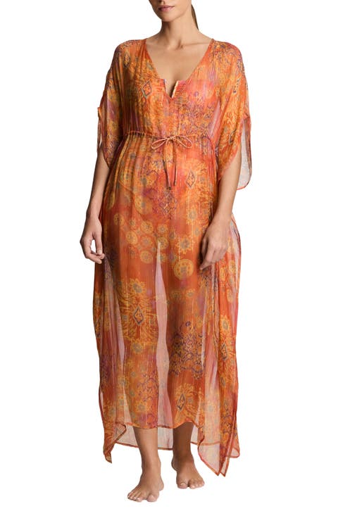 Metallic Stripe Sheer Cover-Up Caftan