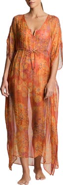 Lauren Ralph Lauren Metallic Stripe Sheer Cover-Up Caftan