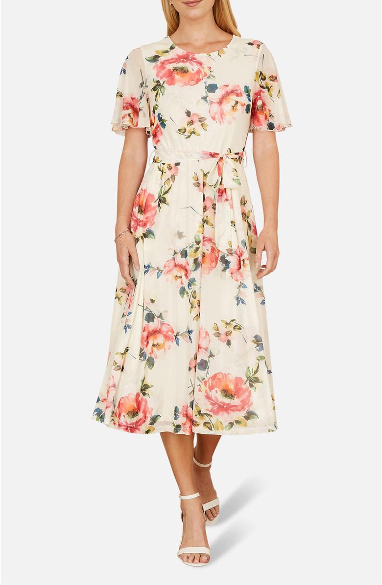Yumi Mesh Floral Print Midi Dress, Alternate, color, Ivory