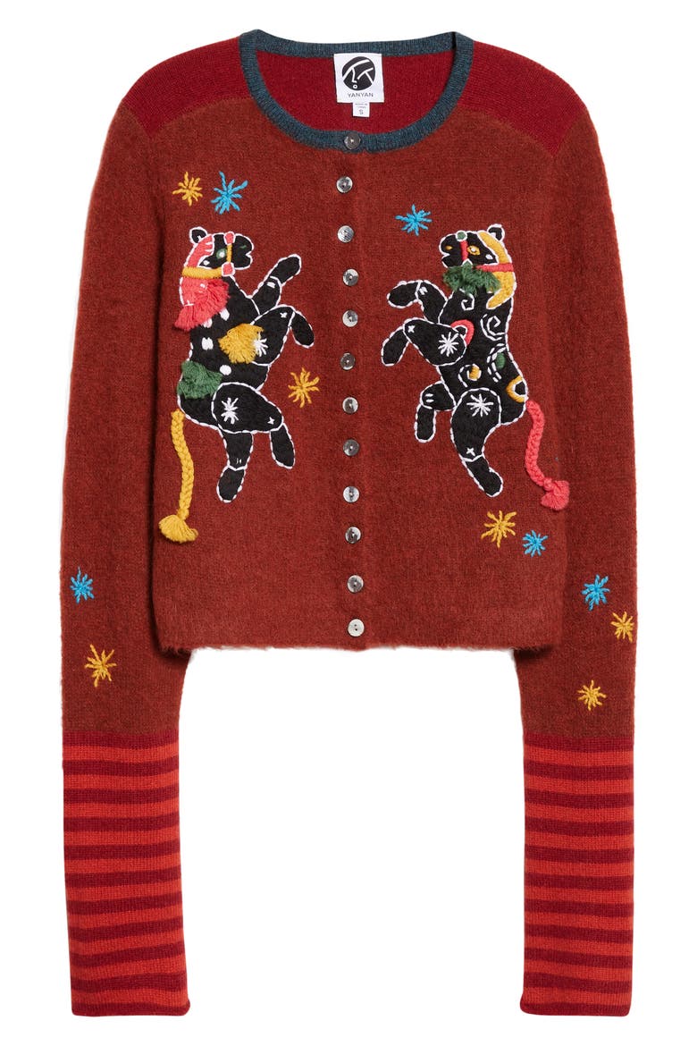 Lunar New Year Horse Alpaca Blend Crop Cardigan, Alternate, color, WINE