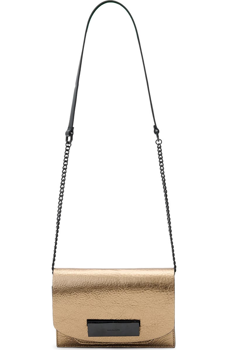 AllSaints Etta Metallic Leather Clutch, Main, color, Warm Brass