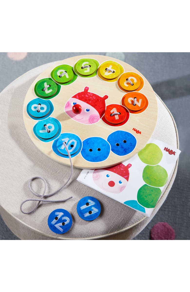HABA Caterpillar Rainbow Preschool Learning Activity with Colors & Numbers, Threading Game & Fine Motor Toys for Ages 3+, Alternate, color, Multi