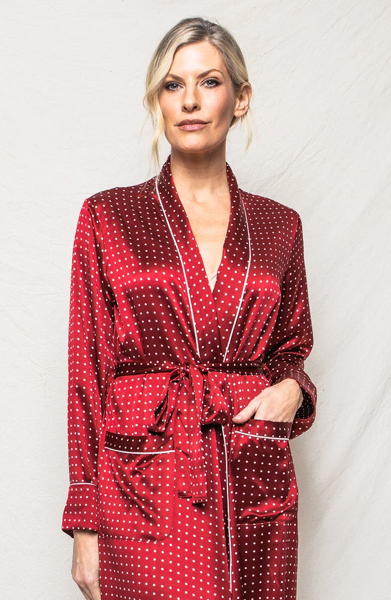 Petite Plume Polka Dot Silk Robe, Alternate, color, Bordeaux