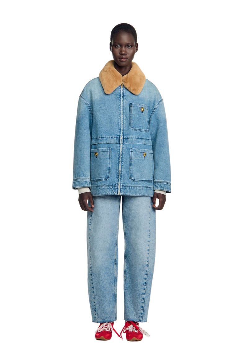 Denim coat with faux fur collar, Main, color, Blue jean